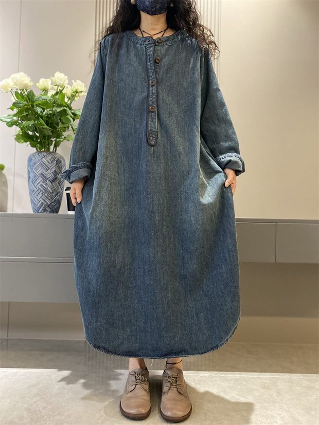 Women Autumn Retro Solid Denim O-Neck  Loose Dress
