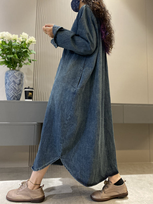 Women Autumn Retro Solid Denim O-Neck  Loose Dress