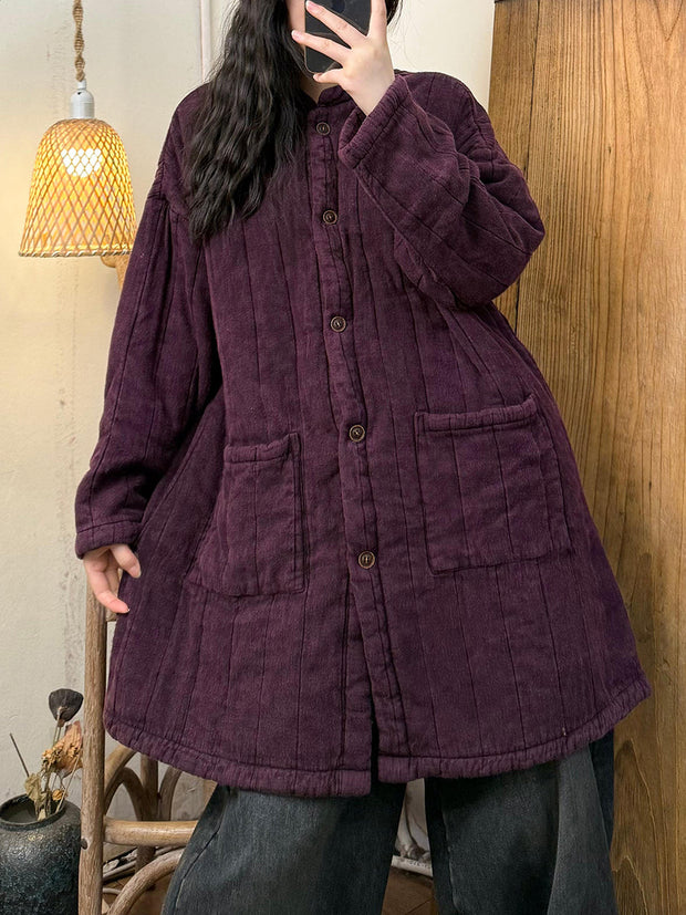 Women Autumn Casual Stand Collar Linen Padded Coat