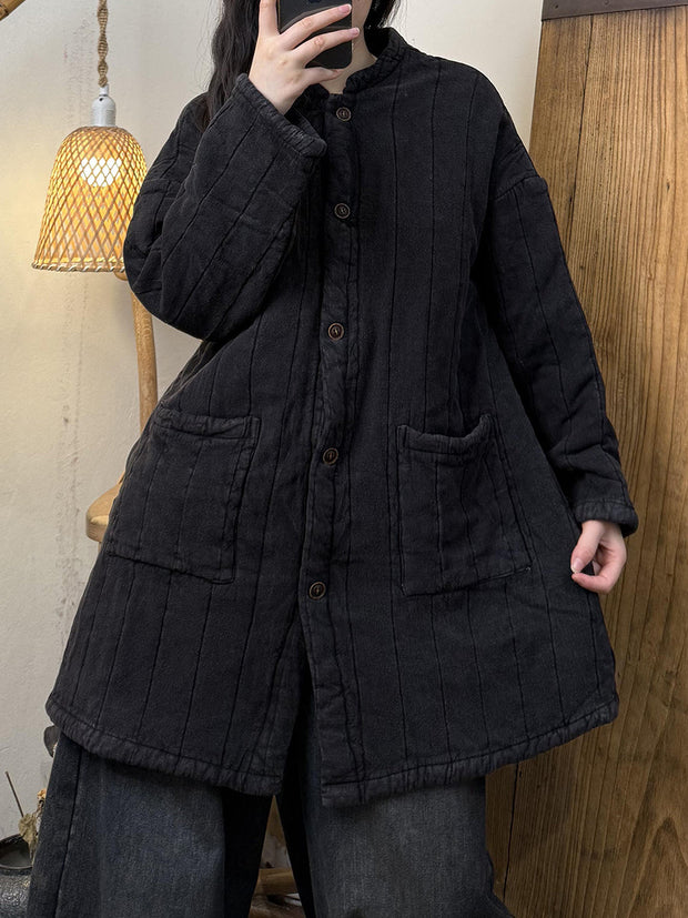 Women Autumn Casual Stand Collar Linen Padded Coat