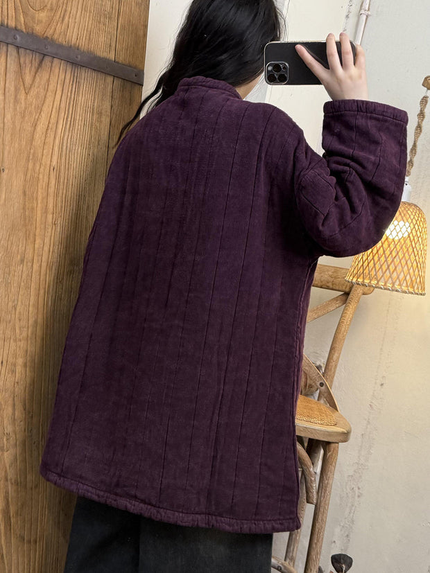 Women Autumn Casual Stand Collar Linen Padded Coat