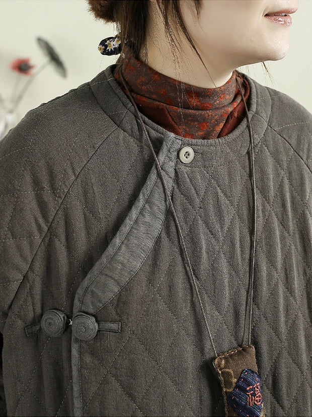 Women Autumn Casual Rhomboids O-Neck Padded Coat