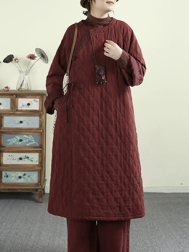 Women Autumn Casual Rhomboids O-Neck Padded Coat