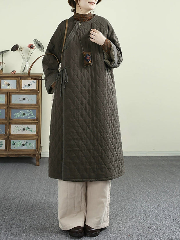 Women Autumn Casual Rhomboids O-Neck Padded Coat