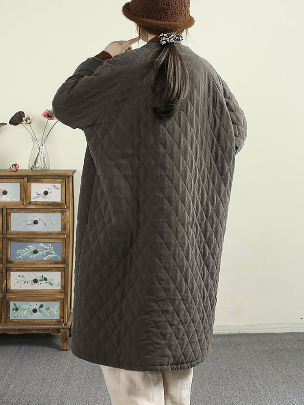 Women Autumn Casual Rhomboids O-Neck Padded Coat