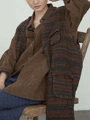 Women Retro Stripe Linen V-Neck Vest Coat