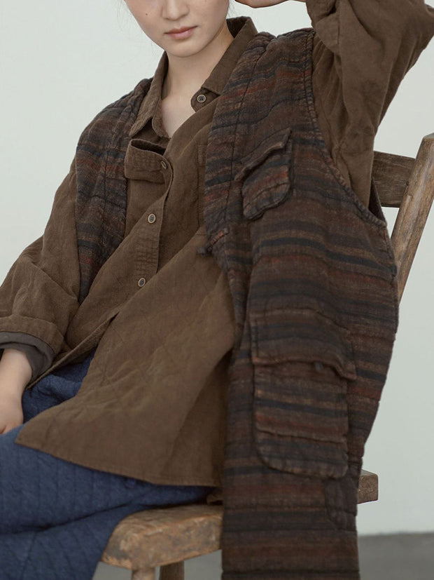 Women Retro Stripe Linen V-Neck Vest Coat