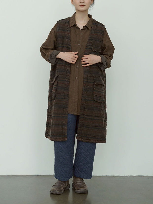 Women Retro Stripe Linen V-Neck Vest Coat