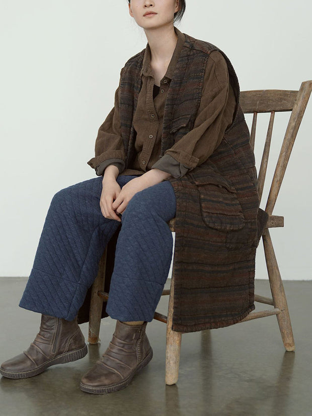 Women Retro Stripe Linen V-Neck Vest Coat