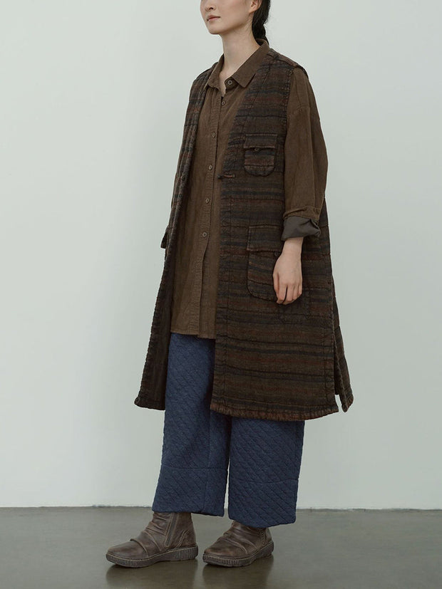Women Retro Stripe Linen V-Neck Vest Coat