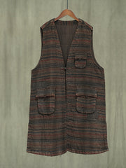 Women Retro Stripe Linen V-Neck Vest Coat