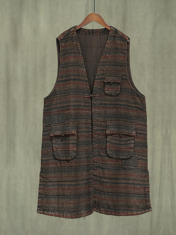 Women Retro Stripe Linen V-Neck Vest Coat