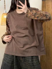 Women Vintage Autumn Flower Spliced Cotton O-Neck Blouse