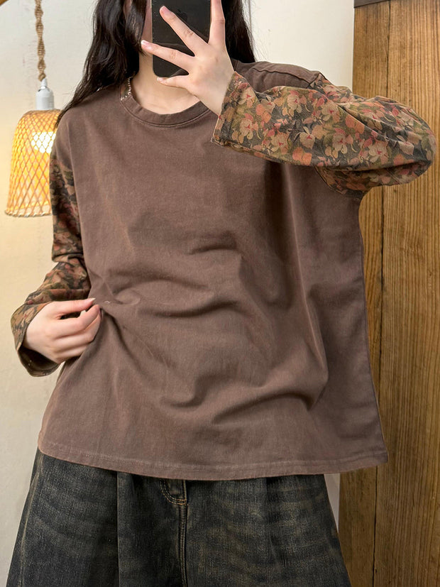 Women Vintage Autumn Flower Spliced Cotton O-Neck Blouse
