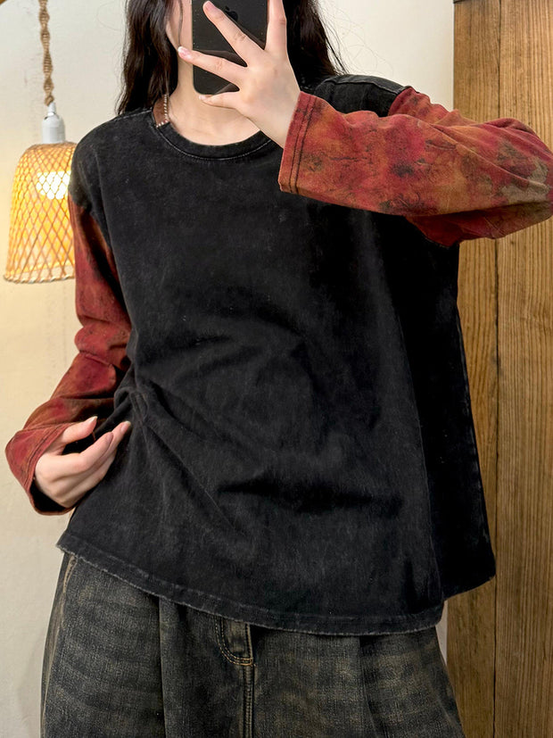Women Vintage Autumn Flower Spliced Cotton O-Neck Blouse