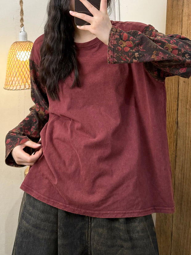 Women Vintage Autumn Flower Spliced Cotton O-Neck Blouse