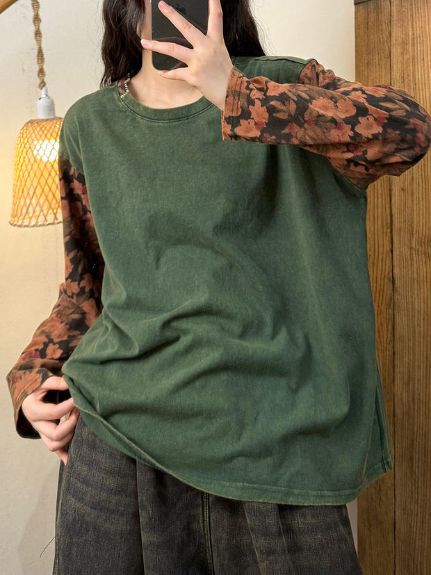 Women Vintage Autumn Flower Spliced Cotton O-Neck Blouse