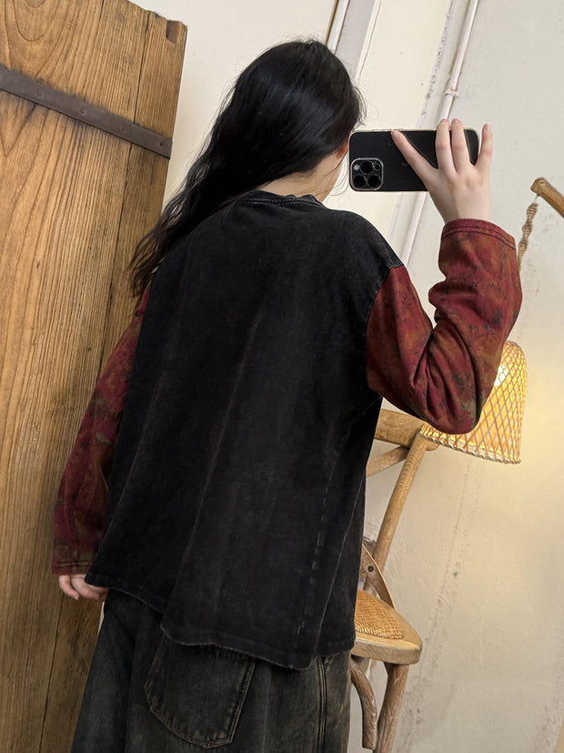 Women Vintage Autumn Flower Spliced Cotton O-Neck Blouse
