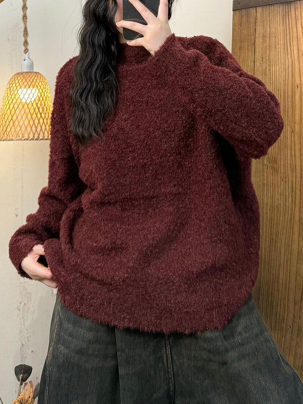 Women Vintage Autumn Solid O-Neck Fleece Shirt
