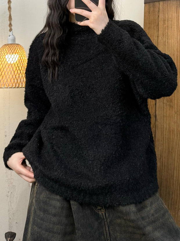 Women Vintage Autumn Solid O-Neck Fleece Shirt