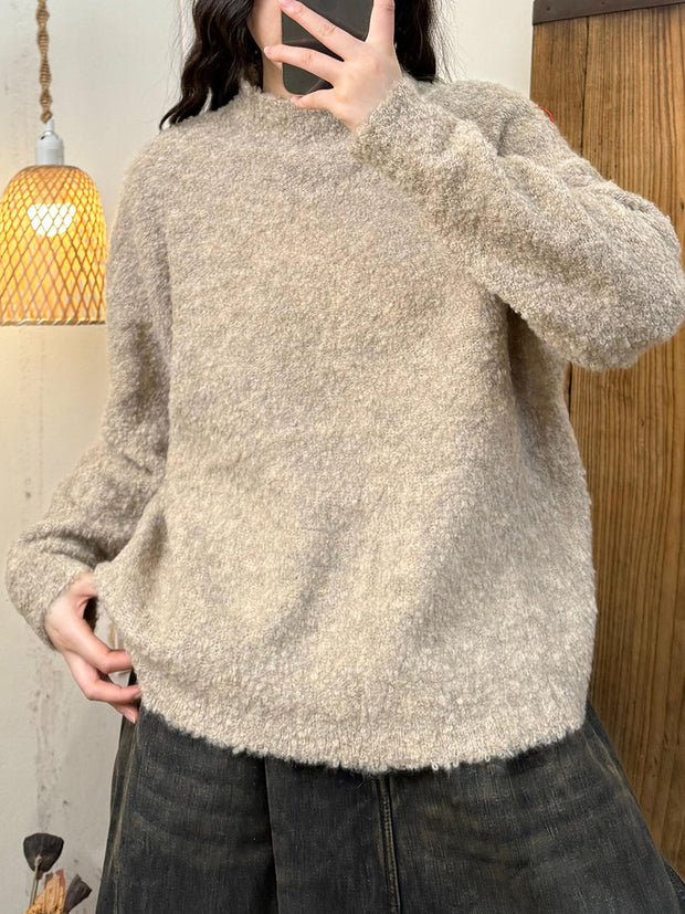 Women Vintage Autumn Solid O-Neck Fleece Shirt