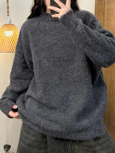 Women Vintage Autumn Solid O-Neck Fleece Shirt