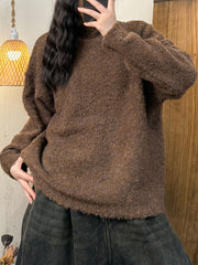 Women Vintage Autumn Solid O-Neck Fleece Shirt