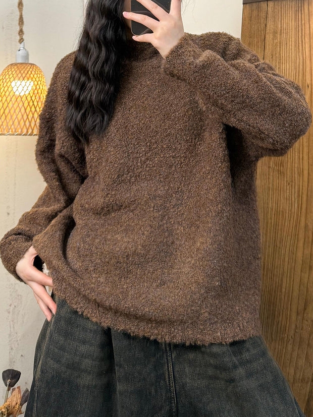 Women Vintage Autumn Solid O-Neck Fleece Shirt
