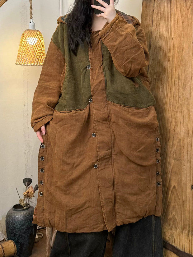 Women Autumn Casual Colorblock Hooded Padded Coat