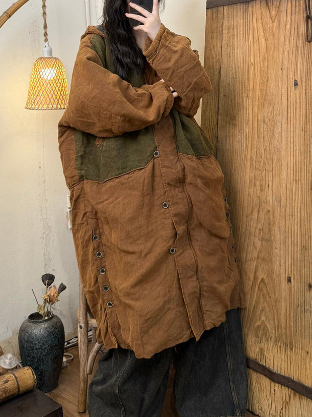 Women Autumn Casual Colorblock Hooded Padded Coat