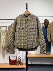 Women Winter Artsy Plaid Cotton Stand Collar Coat
