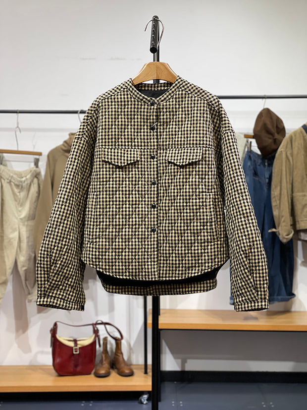 Women Winter Artsy Plaid Cotton Stand Collar Coat