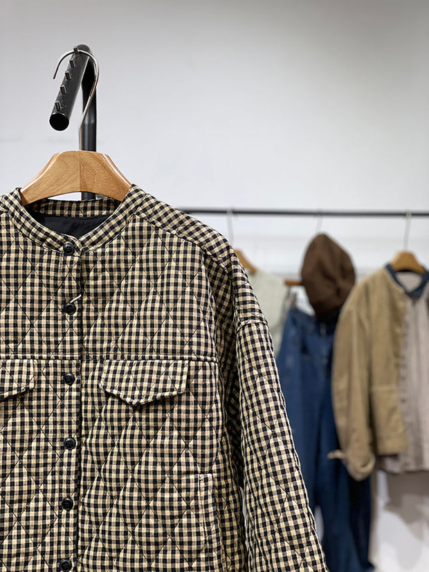 Women Winter Artsy Plaid Cotton Stand Collar Coat