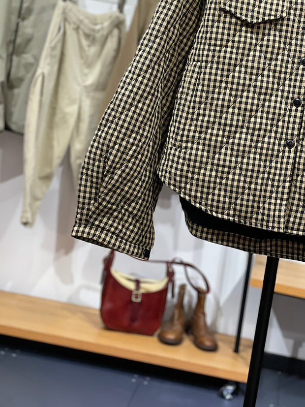 Women Winter Artsy Plaid Cotton Stand Collar Coat