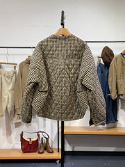 Women Winter Artsy Plaid Cotton Stand Collar Coat