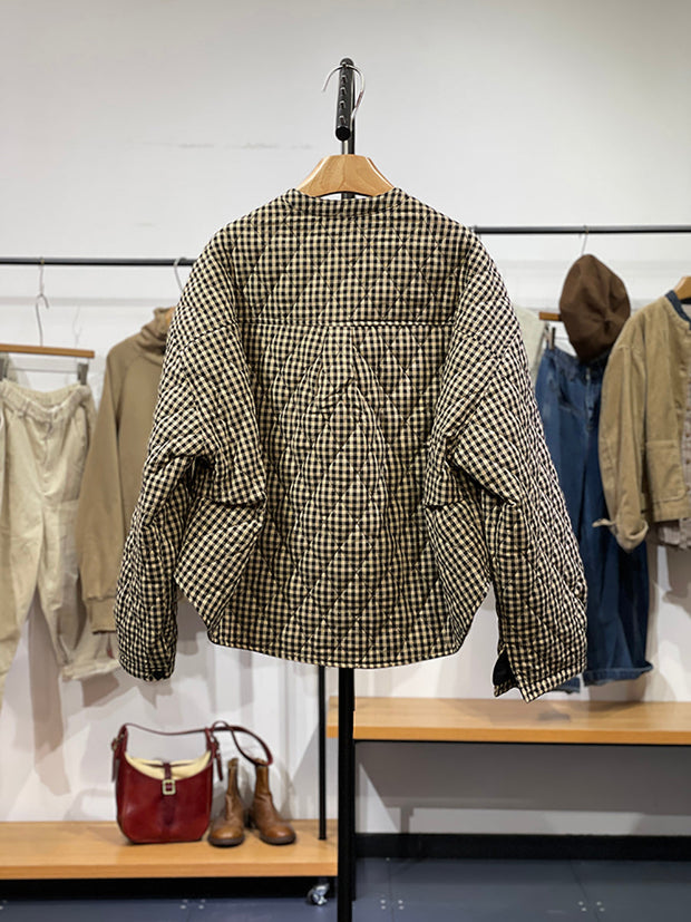Women Winter Artsy Plaid Cotton Stand Collar Coat