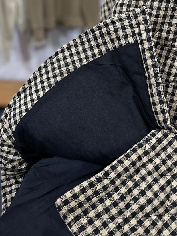 Women Winter Artsy Plaid Cotton Stand Collar Coat