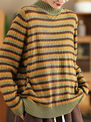 Women Autumn Casual Stripe Half-Turtleneck Sweater