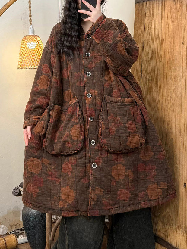 Women Autumn Retro Button-up Flower Padded Long Coat