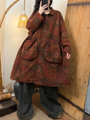 Women Autumn Retro Button-up Flower Padded Long Coat