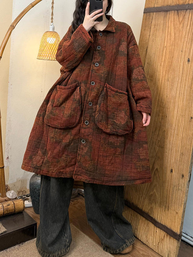 Women Autumn Retro Button-up Flower Padded Long Coat