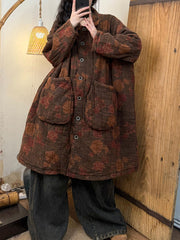 Women Autumn Retro Button-up Flower Padded Long Coat