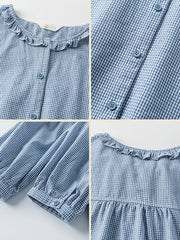 Plus Size Women Summer Lattice Lace Collar 100%Cotton Shirt