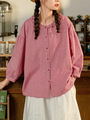 Plus Size Women Summer Lattice Lace Collar 100%Cotton Shirt