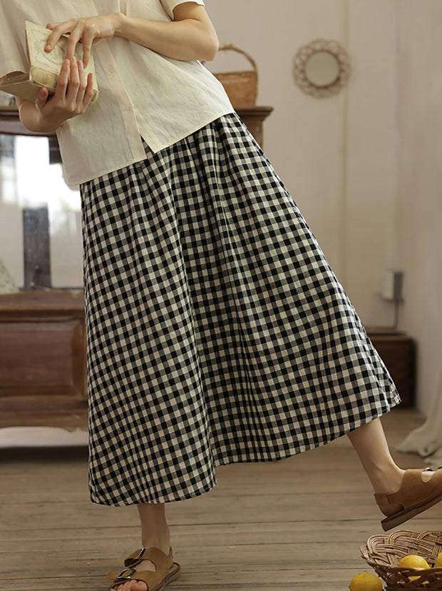 Women Summer Vintage Plaid Loose 100%Cotton Skirt