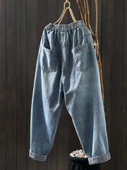 Women Spring Retro Flower Embroidery Denim Harem Pants