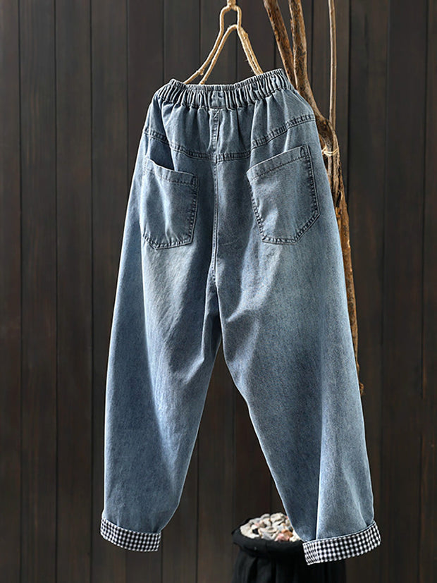 Women Spring Retro Flower Embroidery Denim Harem Pants