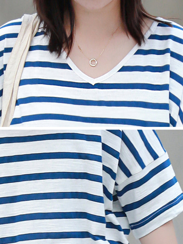 Women Casual Srtipe V-Neck 100%Cotton Shirt