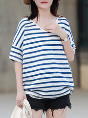 Women Casual Srtipe V-Neck 100%Cotton Shirt