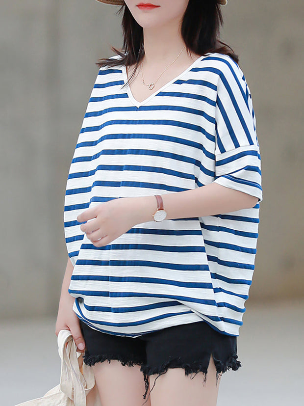 Women Casual Srtipe V-Neck 100%Cotton Shirt